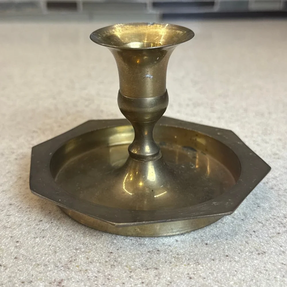 Vintage Archana Handicrafts Brass Chamberstick Candle Holder Octagon Base India